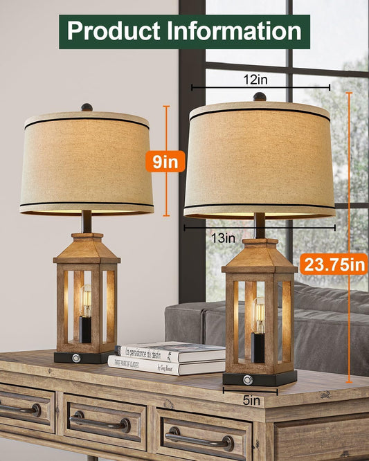 Farmhouse Touch Table Lamps Dual USB, Dimmable, Vintage Set
