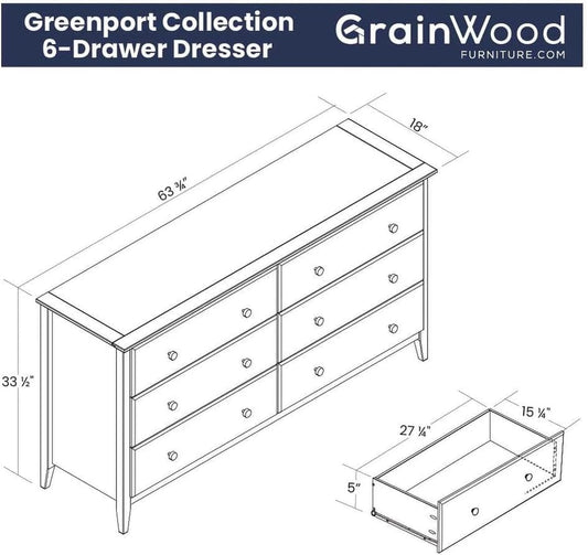 Greenport 6-Drawer Bedroom Dresser, Solid Wood with a Brushed White