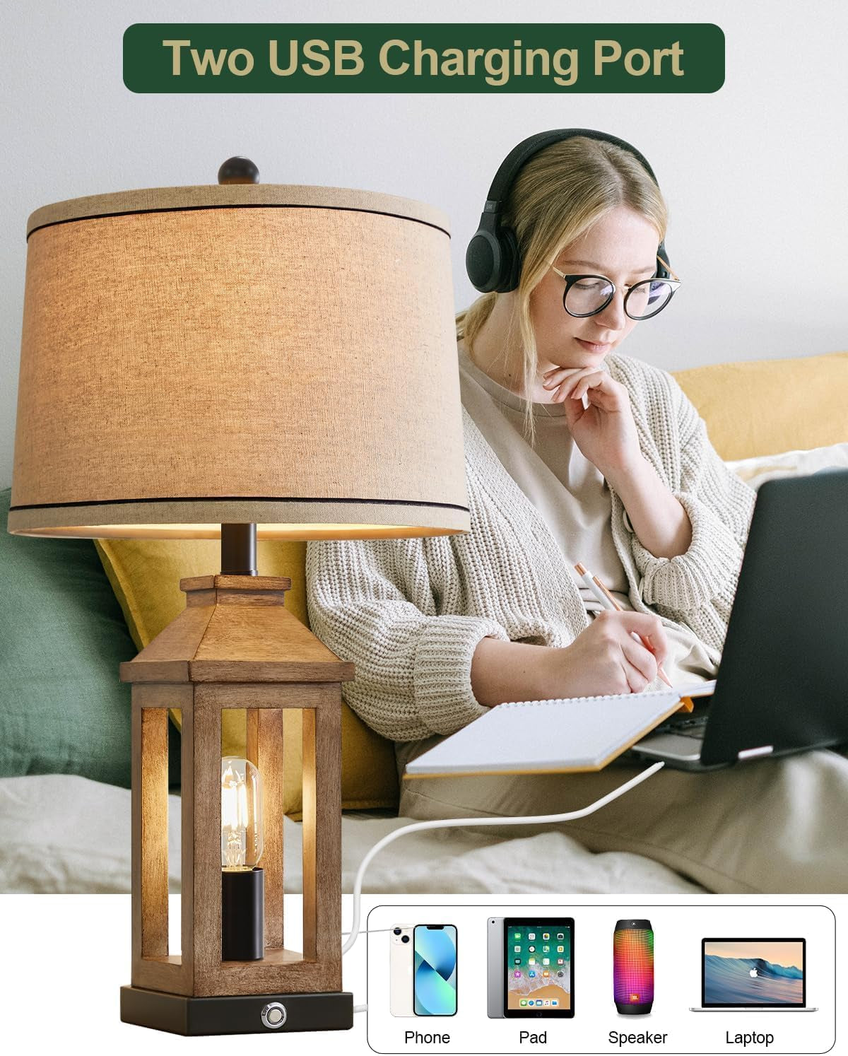Farmhouse Touch Table Lamps Dual USB, Dimmable, Vintage Set