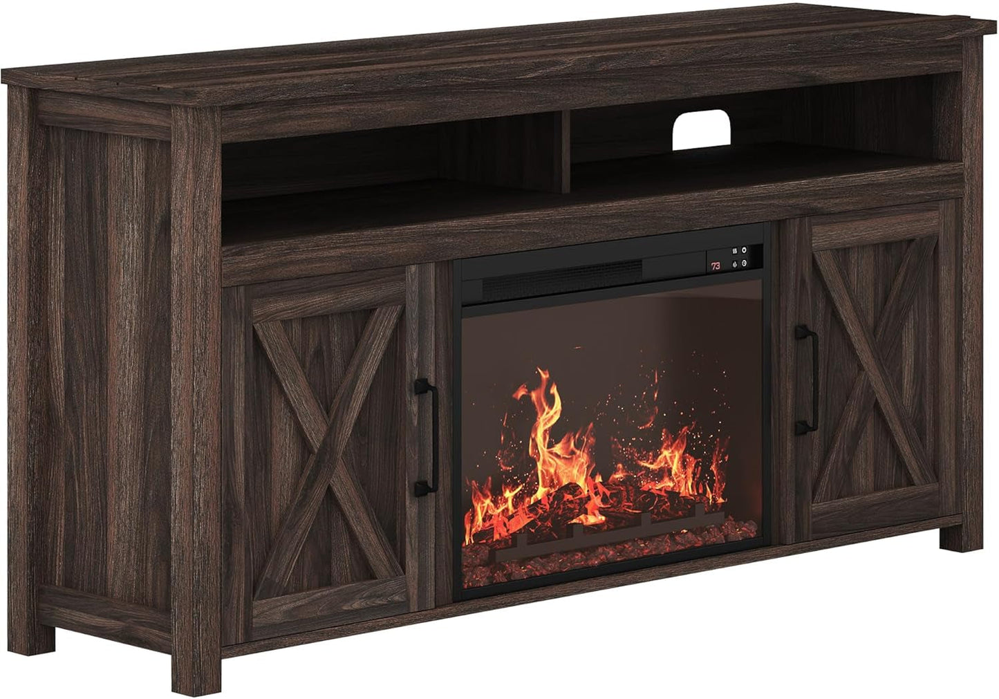 65" Barn Door Fireplace TV Stand Dark Walnut