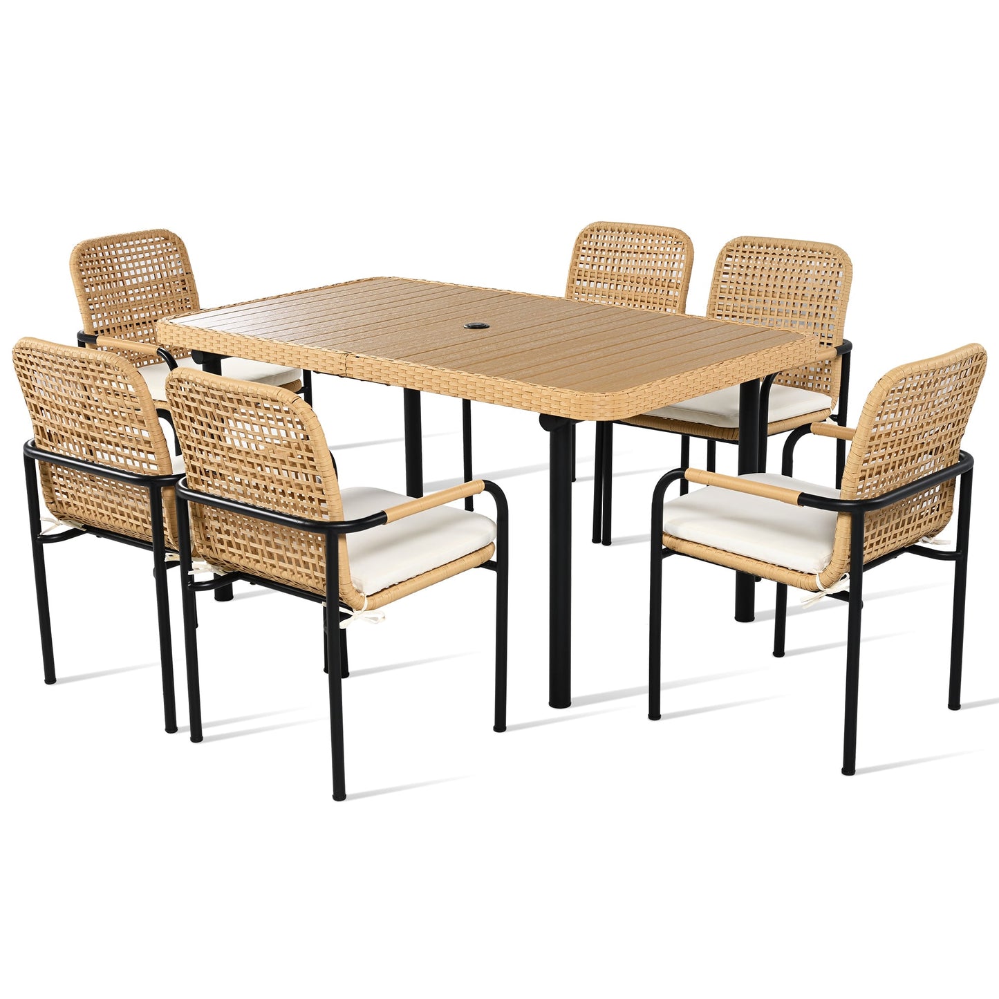 7 Pieces Patio Dining Set, Outdoor Wicker Furniture Set, Plastic-wood
