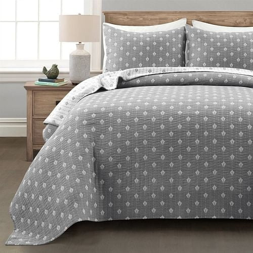 Full/Queen Size 3-Piece Reversible Cotton Yarn Woven Quilt Set in Grey