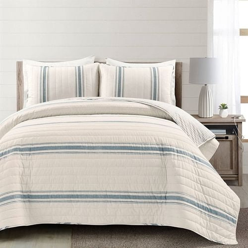 Full/Queen Blue Off-White Stripe 3 Piece Reversible Cotton Quilt Set