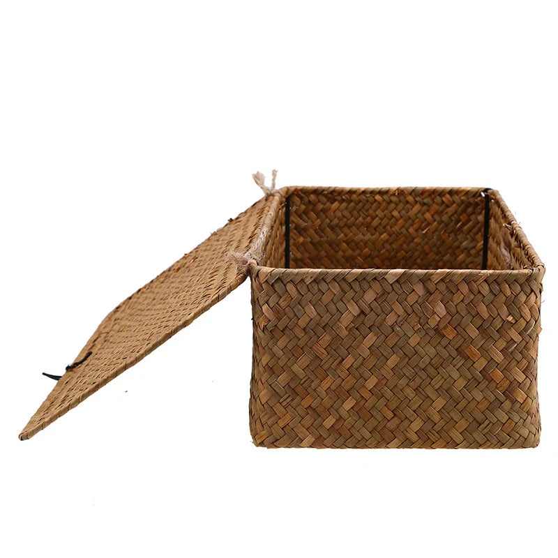 Rectangular Desktop Storage Box Hand Woven Storage Basket Rattan