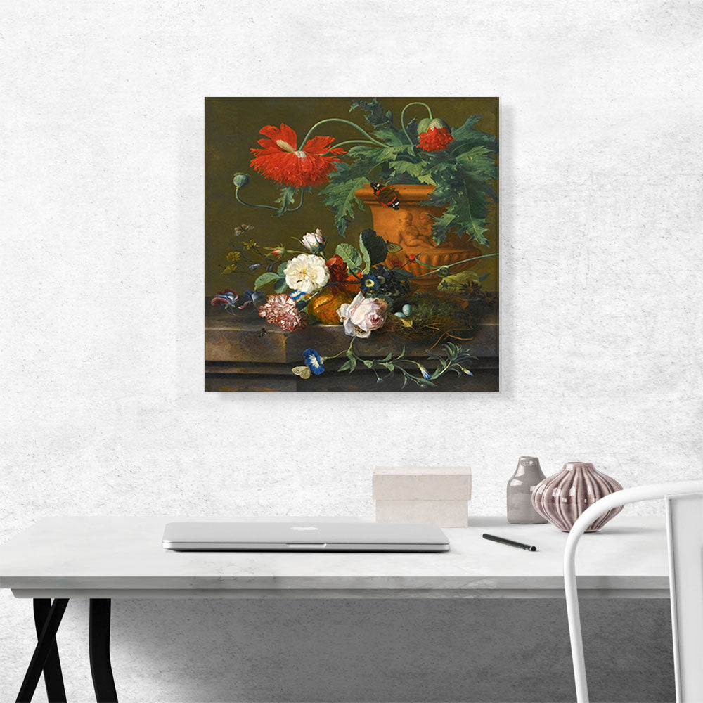 Still Life Poppies Terracotta Vase Roses Carnation Bird's Nest On