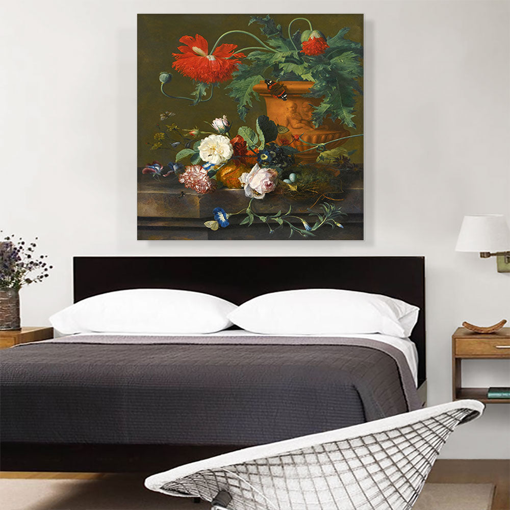 Still Life Poppies Terracotta Vase Roses Carnation Bird's Nest On