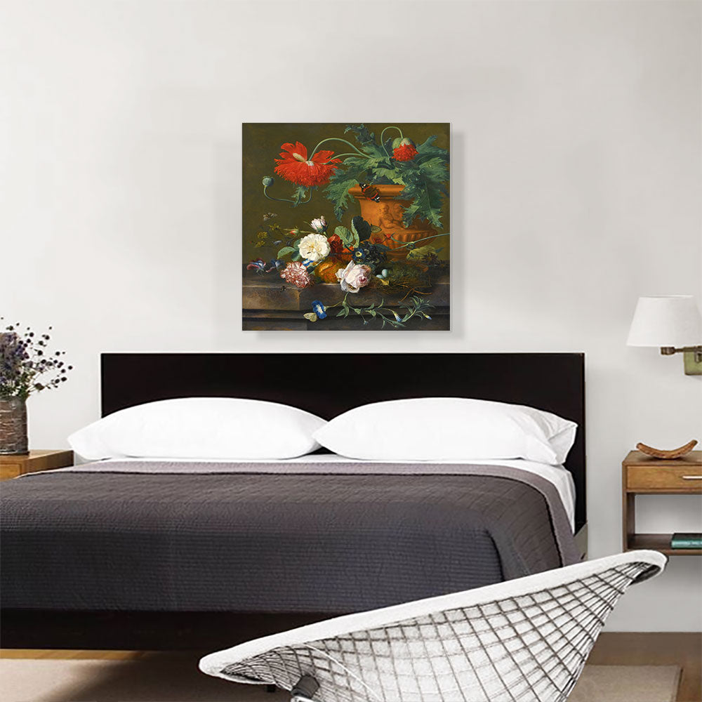 Still Life Poppies Terracotta Vase Roses Carnation Bird's Nest On