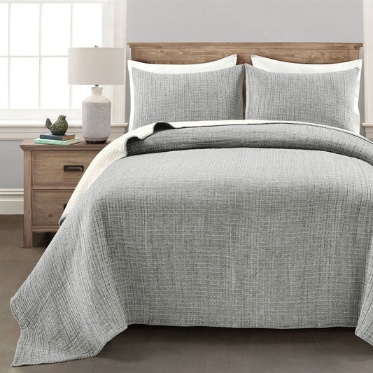 Full/Queen Size 3-Piece Reversible Cotton Yarn Woven Quilt Set in Grey