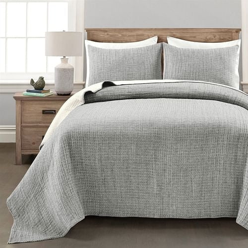 Full/Queen Size 3-Piece Reversible Cotton Yarn Woven Quilt Set in Grey