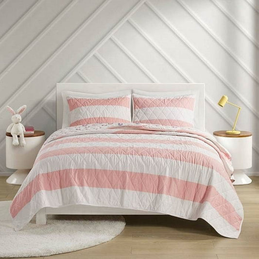 Twin Size 2 Piece Pink White Stripes Reversible Rainbows Cotton Quilt
