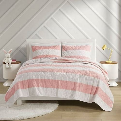 Twin Size 2 Piece Pink White Stripes Reversible Rainbows Cotton Quilt