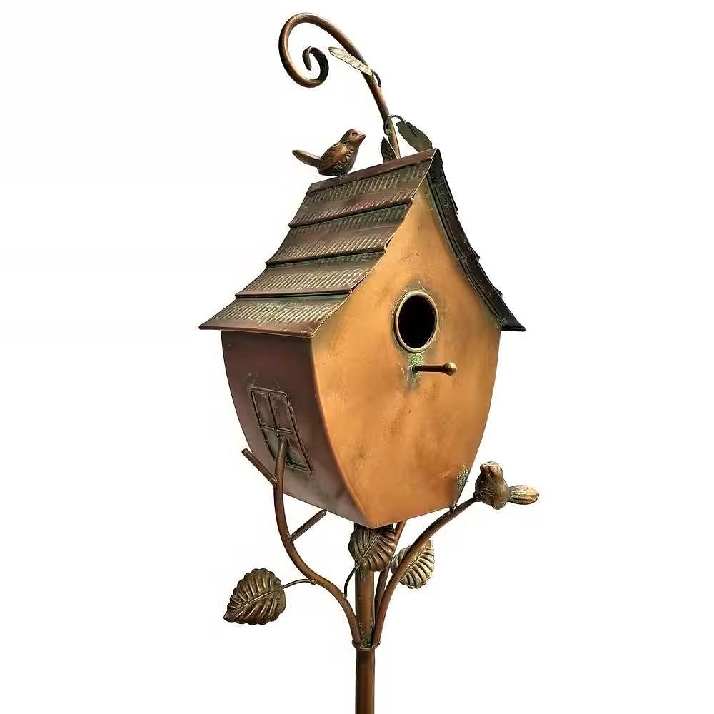 Outdoor Powder Coated Iron Birdhouse with 3-Prong Garden Stake in