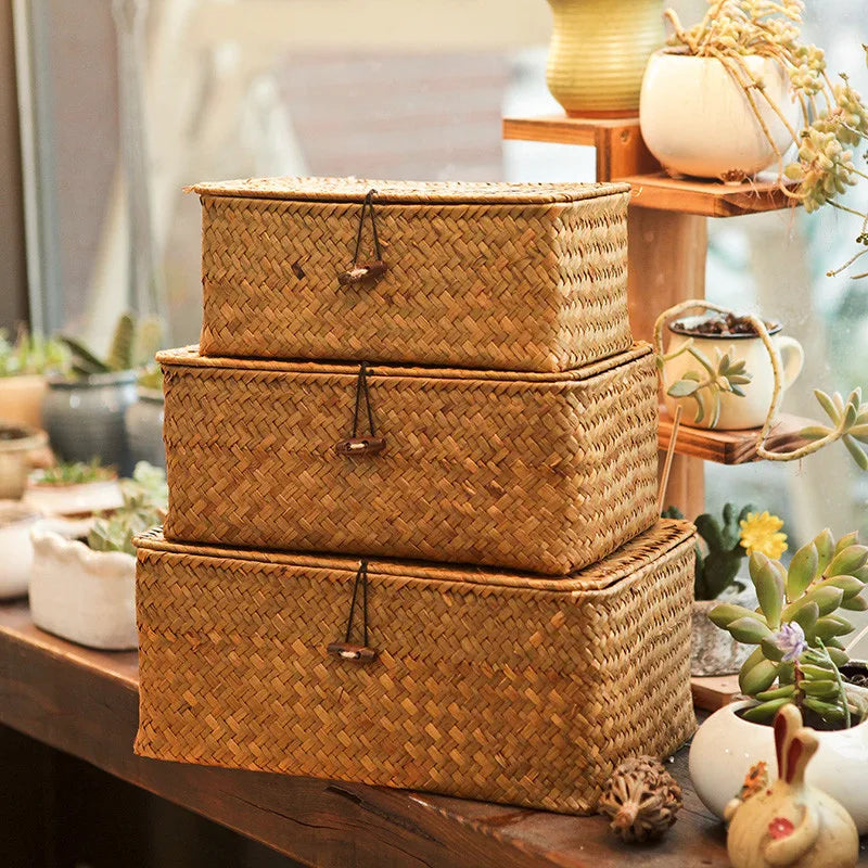 Rectangular Desktop Storage Box Hand Woven Storage Basket Rattan