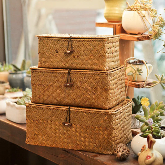 Rectangular Desktop Storage Box Hand Woven Storage Basket Rattan