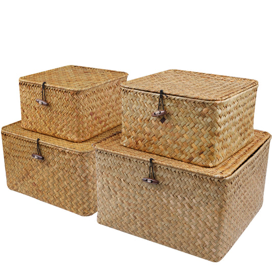 Set of 4 Seagrass Basket with Lid Wicker Storage Basket Decor Storage
