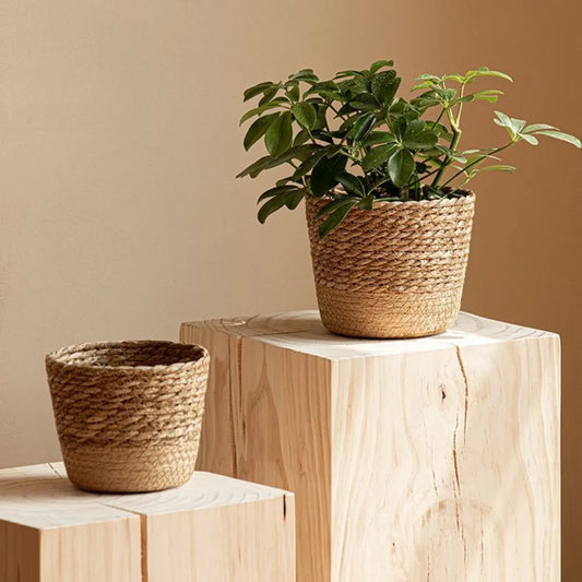 Straw Weaving Flower Plant Pot Wicker Basket Rattan Flowerpot Storage