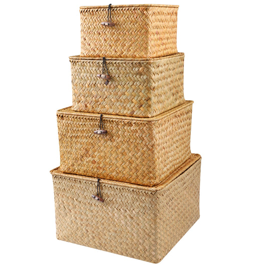 Set of 4 Seagrass Basket with Lid Wicker Storage Basket Decor Storage