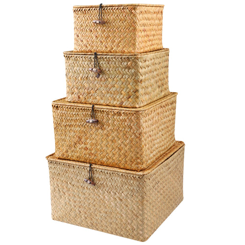 Set of 4 Seagrass Basket with Lid Wicker Storage Basket Decor Storage