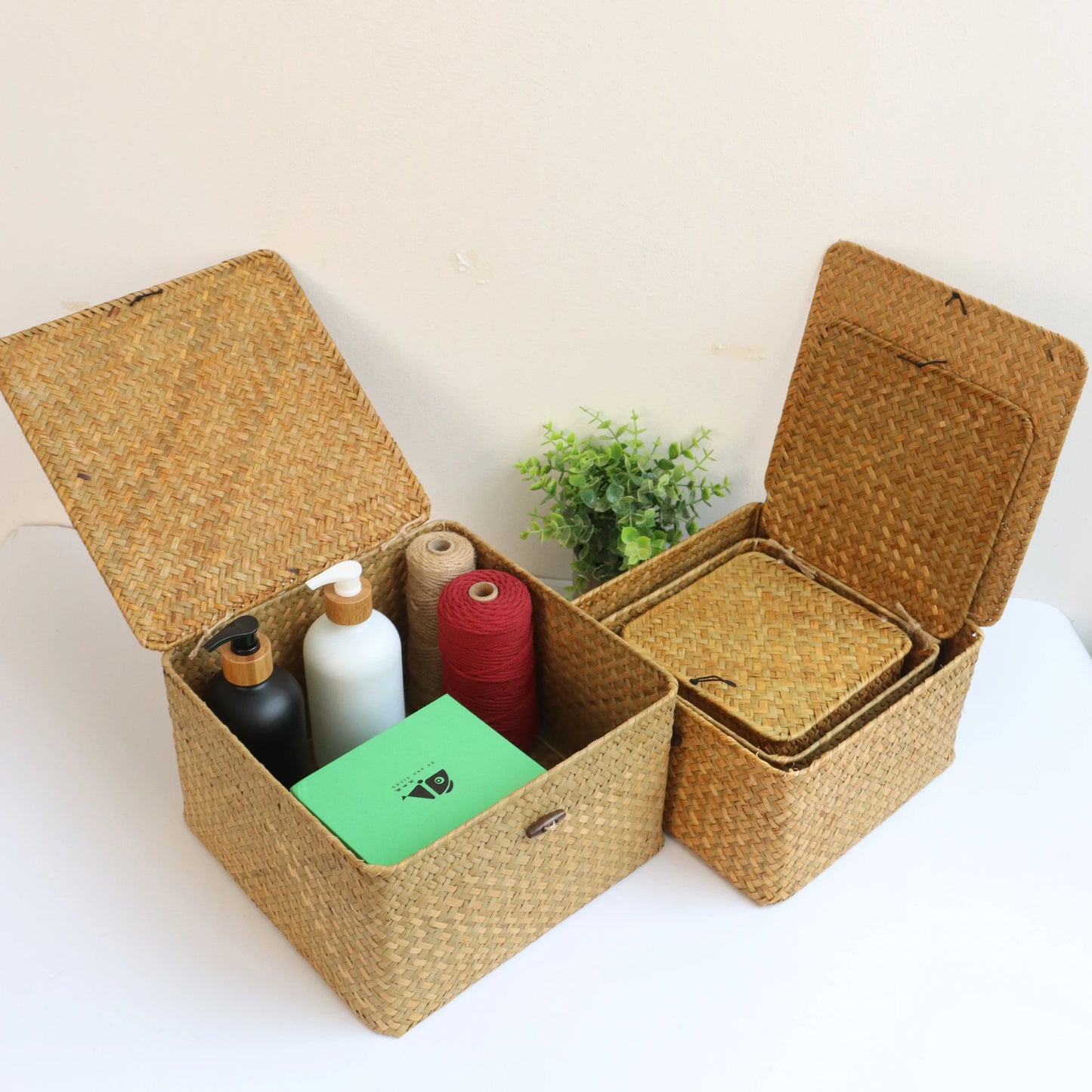 Set of 4 Seagrass Basket with Lid Wicker Storage Basket Decor Storage