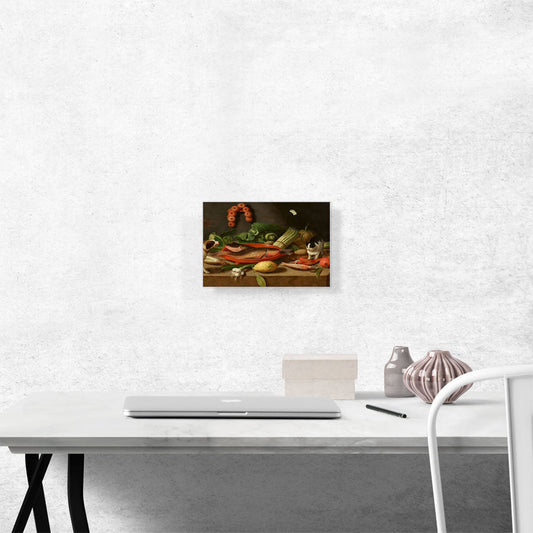 Still Life Carp Terracotta Dish Oysters Asparagus Cabbage Onions Dog