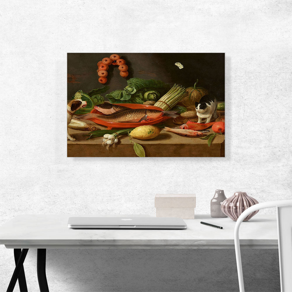 Still Life Carp Terracotta Dish Oysters Asparagus Cabbage Onions Dog