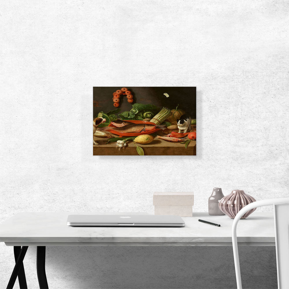 Still Life Carp Terracotta Dish Oysters Asparagus Cabbage Onions Dog