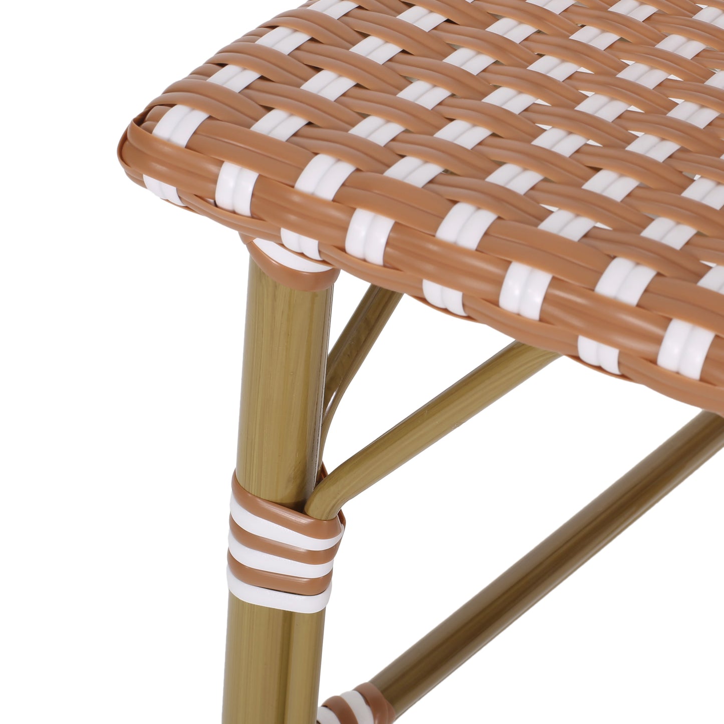 Outdoor PE Rattan French Barstool Set with Rust Red and White Wicker