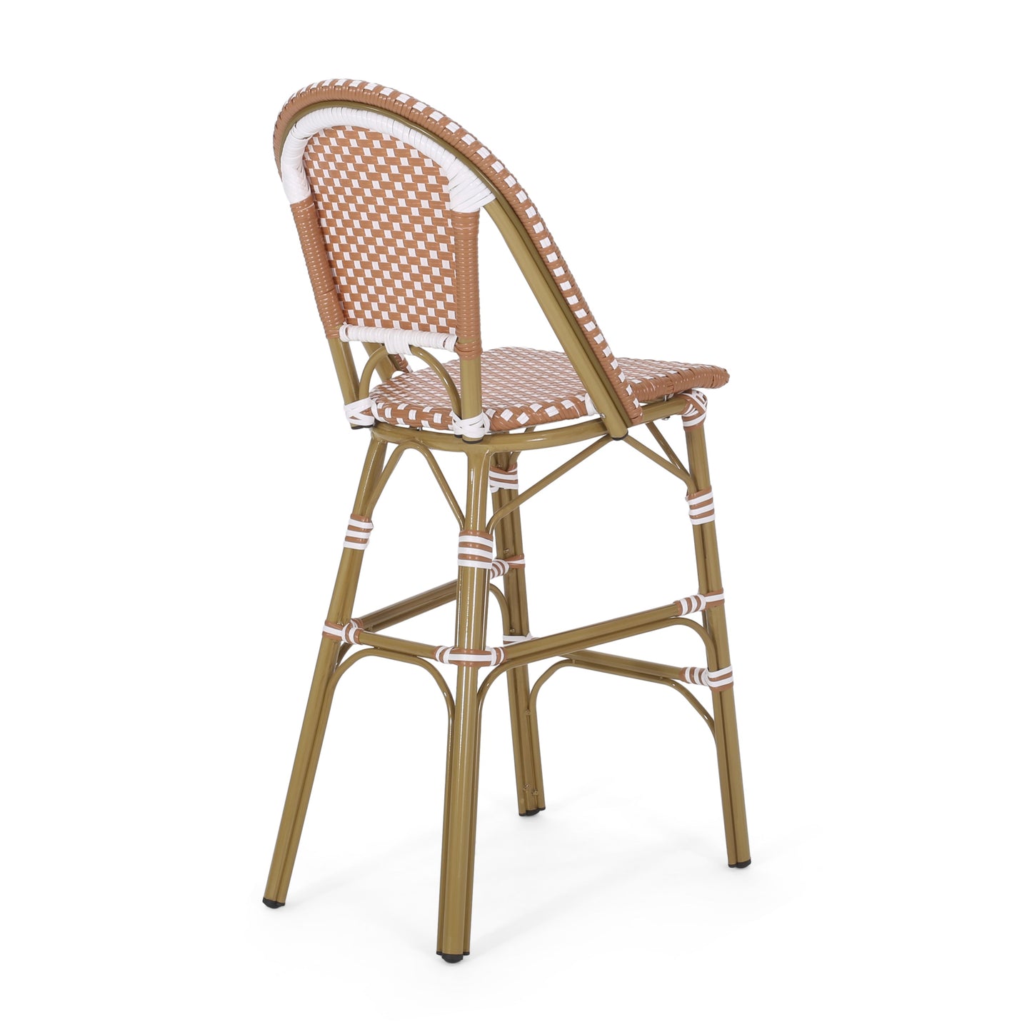 Outdoor PE Rattan French Barstool Set with Rust Red and White Wicker
