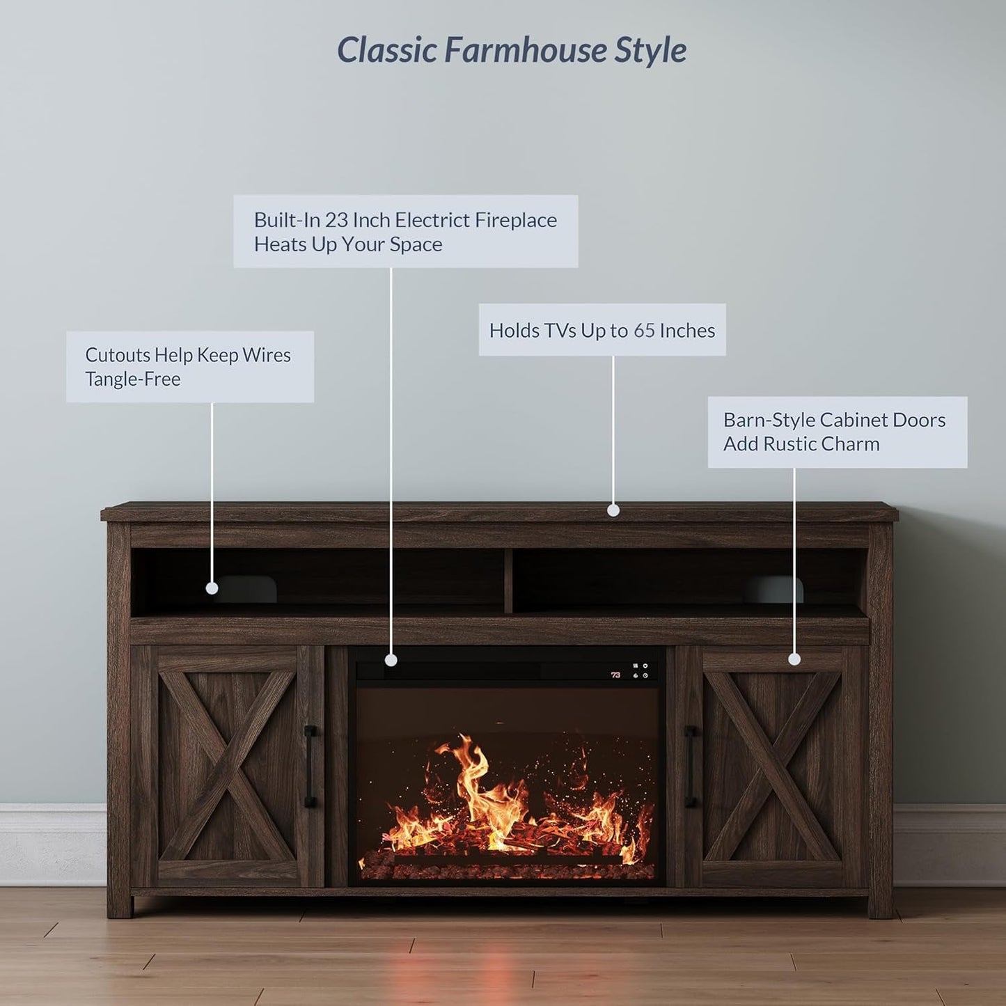 65" Barn Door Fireplace TV Stand Dark Walnut
