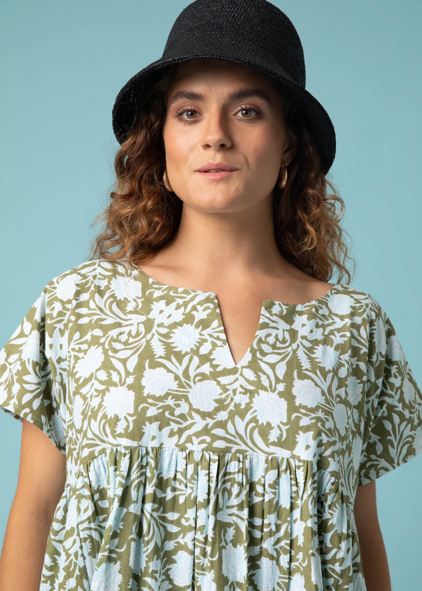 Meadow Dress - Floral Escape in Olive Oil & Cerulean