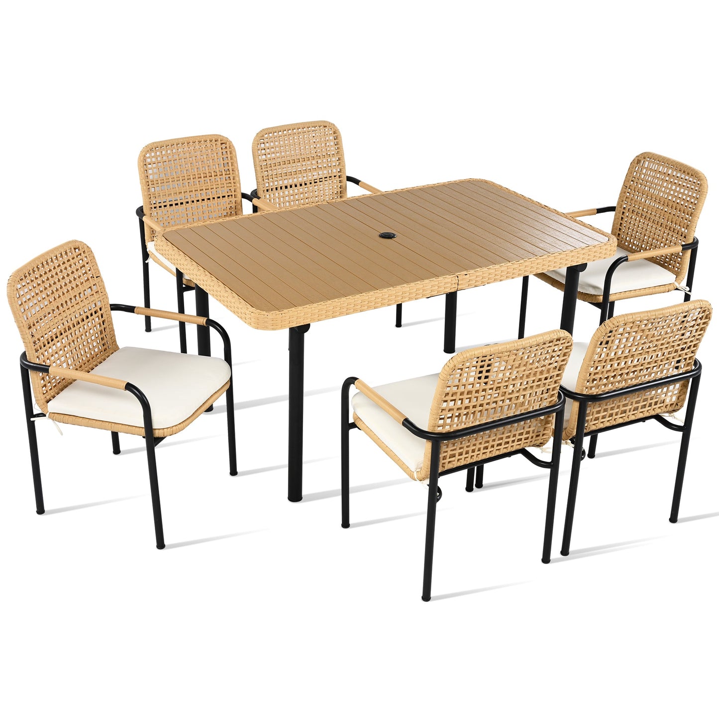 7 Pieces Patio Dining Set, Outdoor Wicker Furniture Set, Plastic-wood