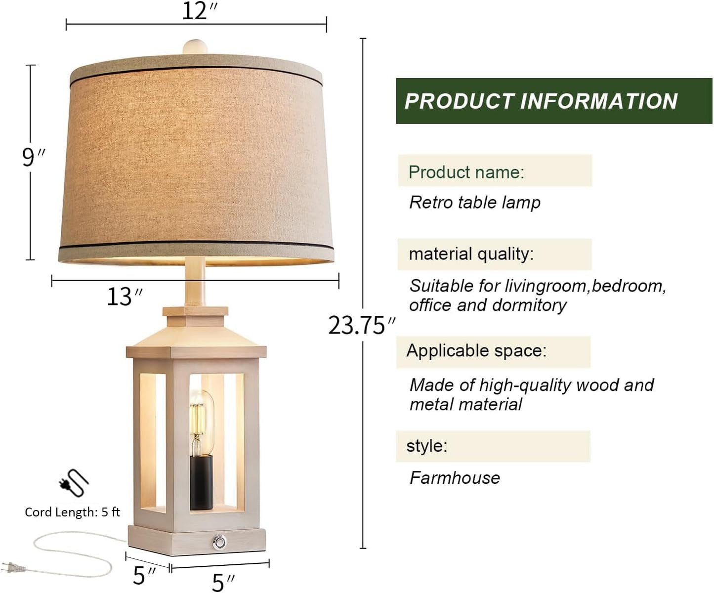 White Farmhouse Touch Lamps USB, Dimmable, Vintage, Dual Light