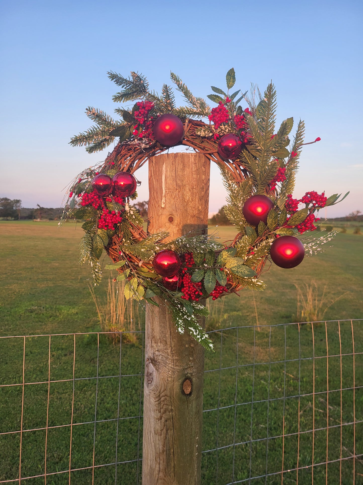 Cedar, Red Berry, Snowy Pine, and Red Balls Christmas Wreath