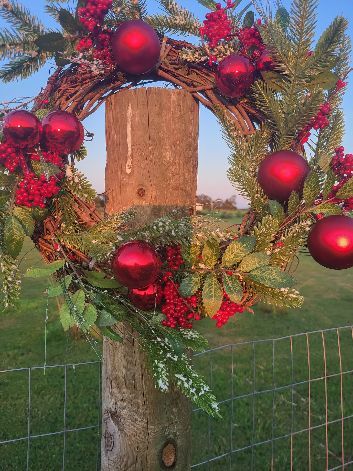 Cedar, Red Berry, Snowy Pine, and Red Balls Christmas Wreath