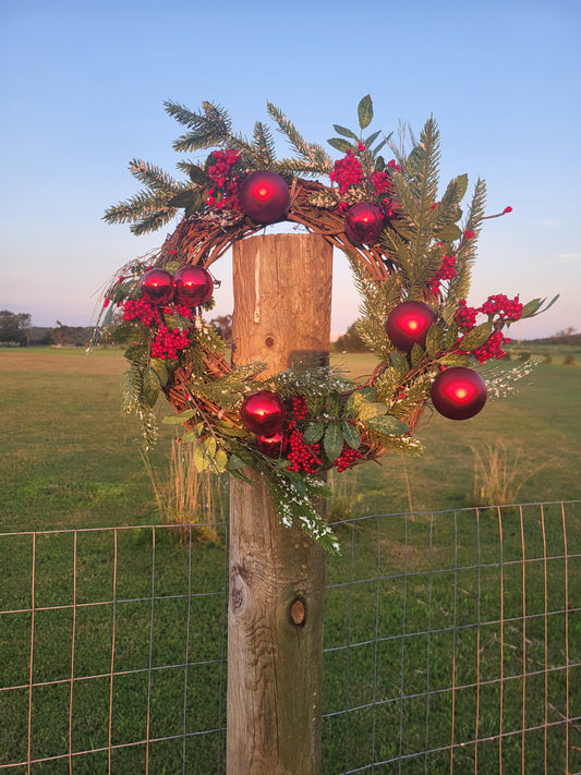 Cedar, Red Berry, Snowy Pine, and Red Balls Christmas Wreath