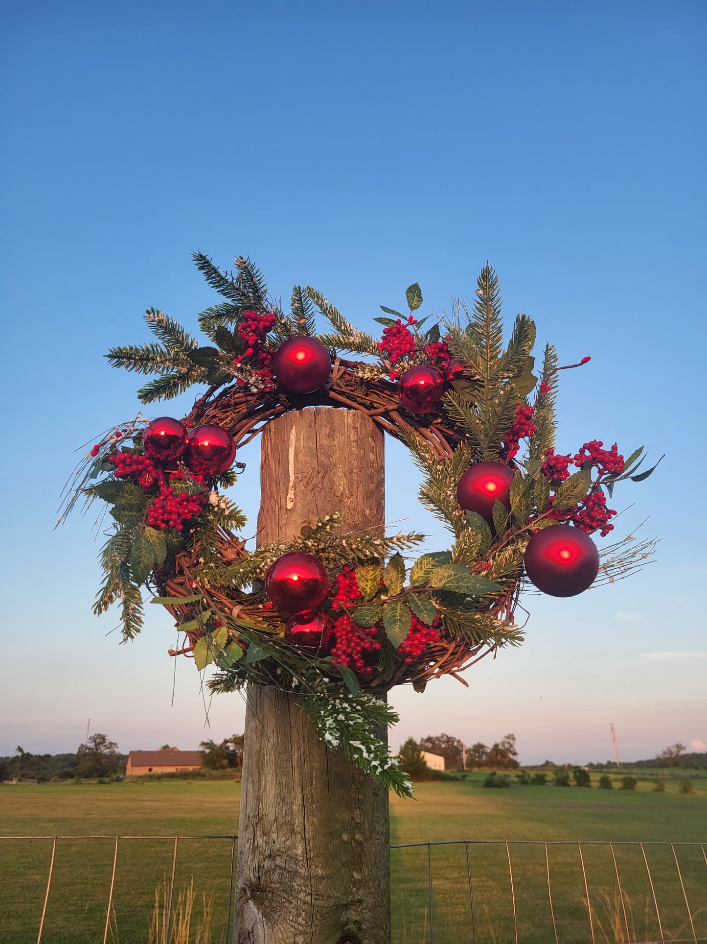 Cedar, Red Berry, Snowy Pine, and Red Balls Christmas Wreath