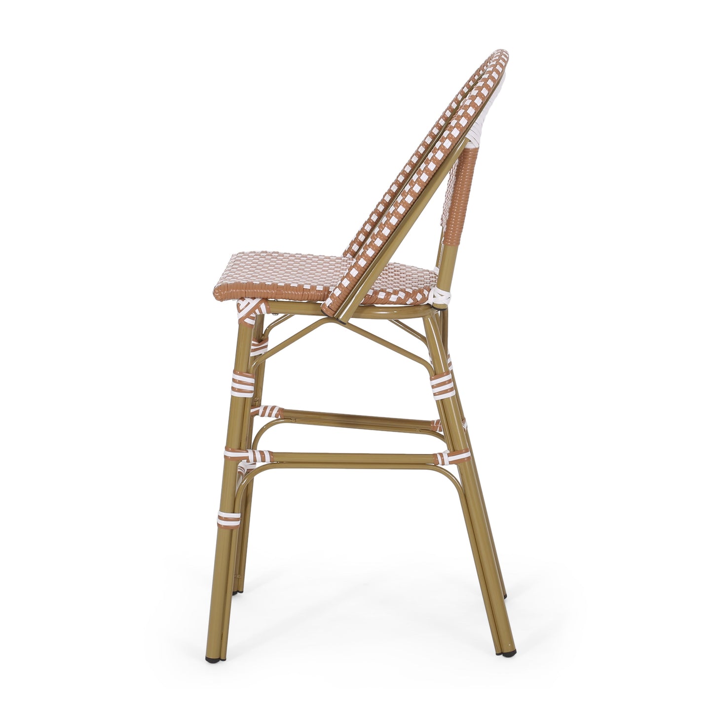 Outdoor PE Rattan French Barstool Set with Rust Red and White Wicker