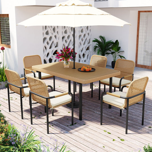7 Pieces Patio Dining Set, Outdoor Wicker Furniture Set, Plastic-wood
