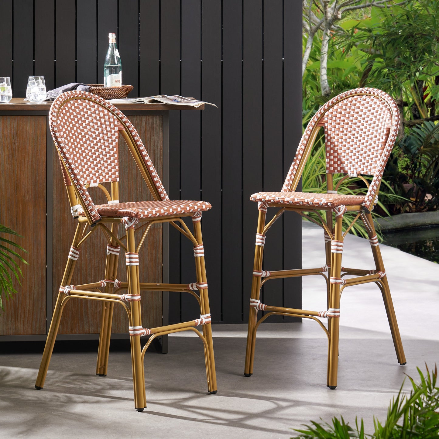 Outdoor PE Rattan French Barstool Set with Rust Red and White Wicker