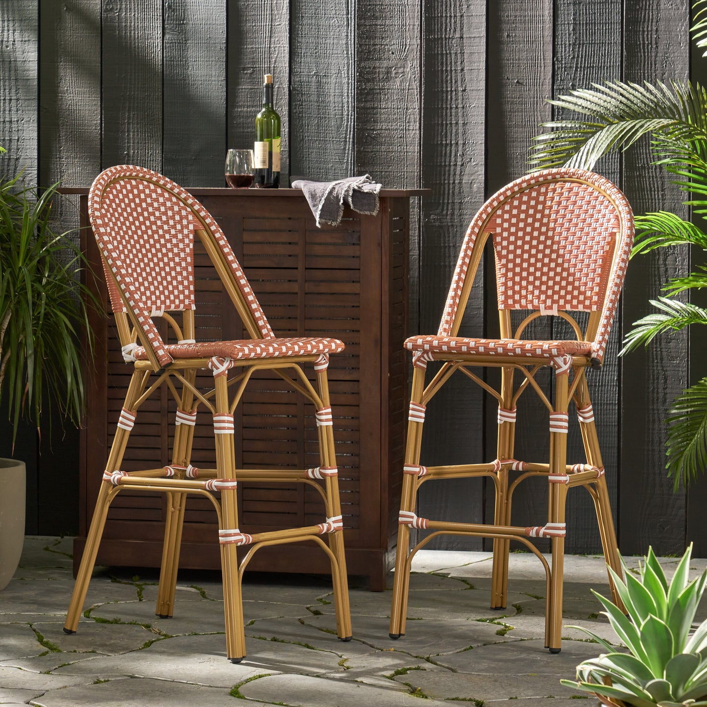 Outdoor PE Rattan French Barstool Set with Rust Red and White Wicker