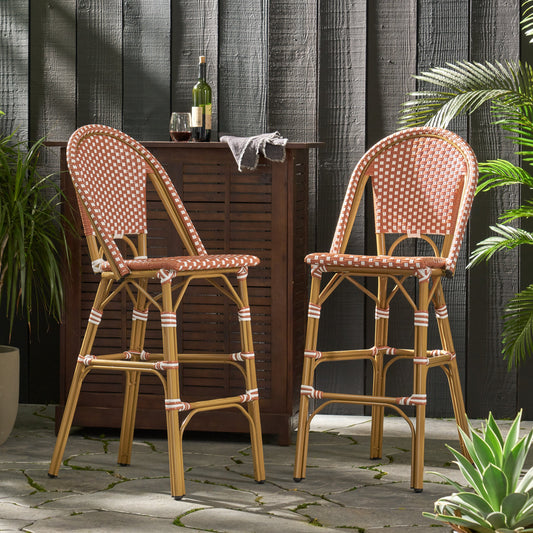 Outdoor PE Rattan French Barstool Set with Rust Red and White Wicker