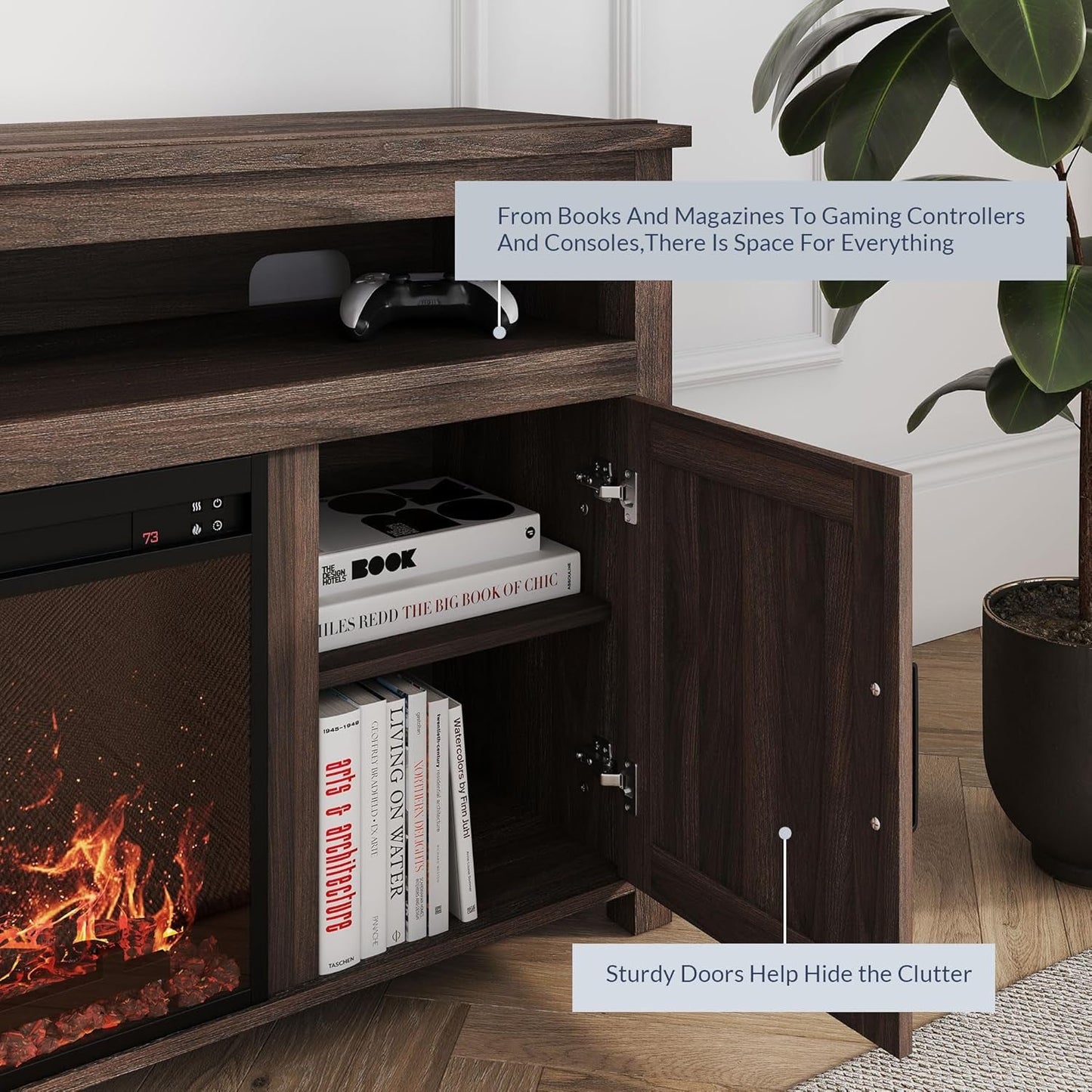 65" Barn Door Fireplace TV Stand Dark Walnut