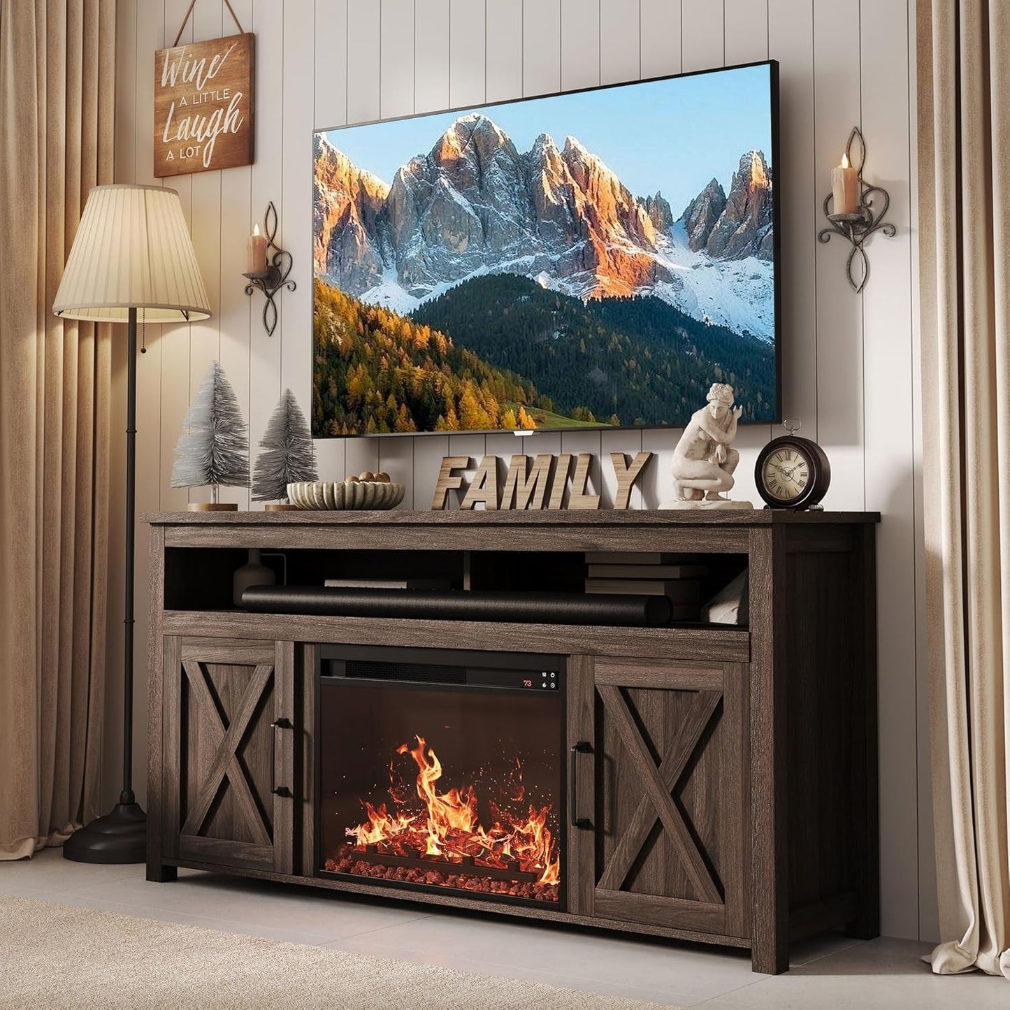 65" Barn Door Fireplace TV Stand Dark Walnut
