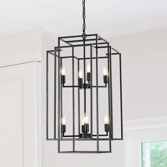 8-Lights Black Lantern Tiered Pendant Light Fixtures, Industrial