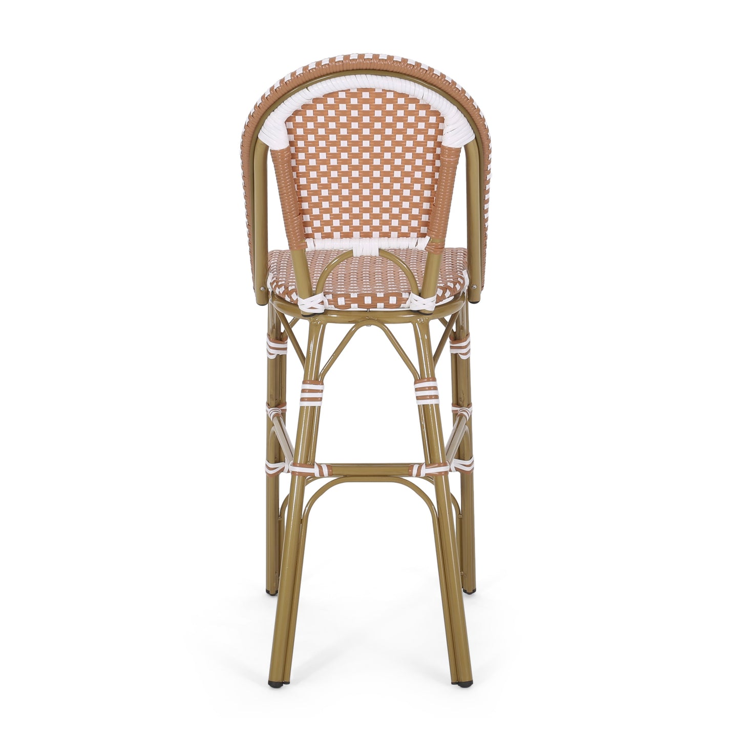 Outdoor PE Rattan French Barstool Set with Rust Red and White Wicker