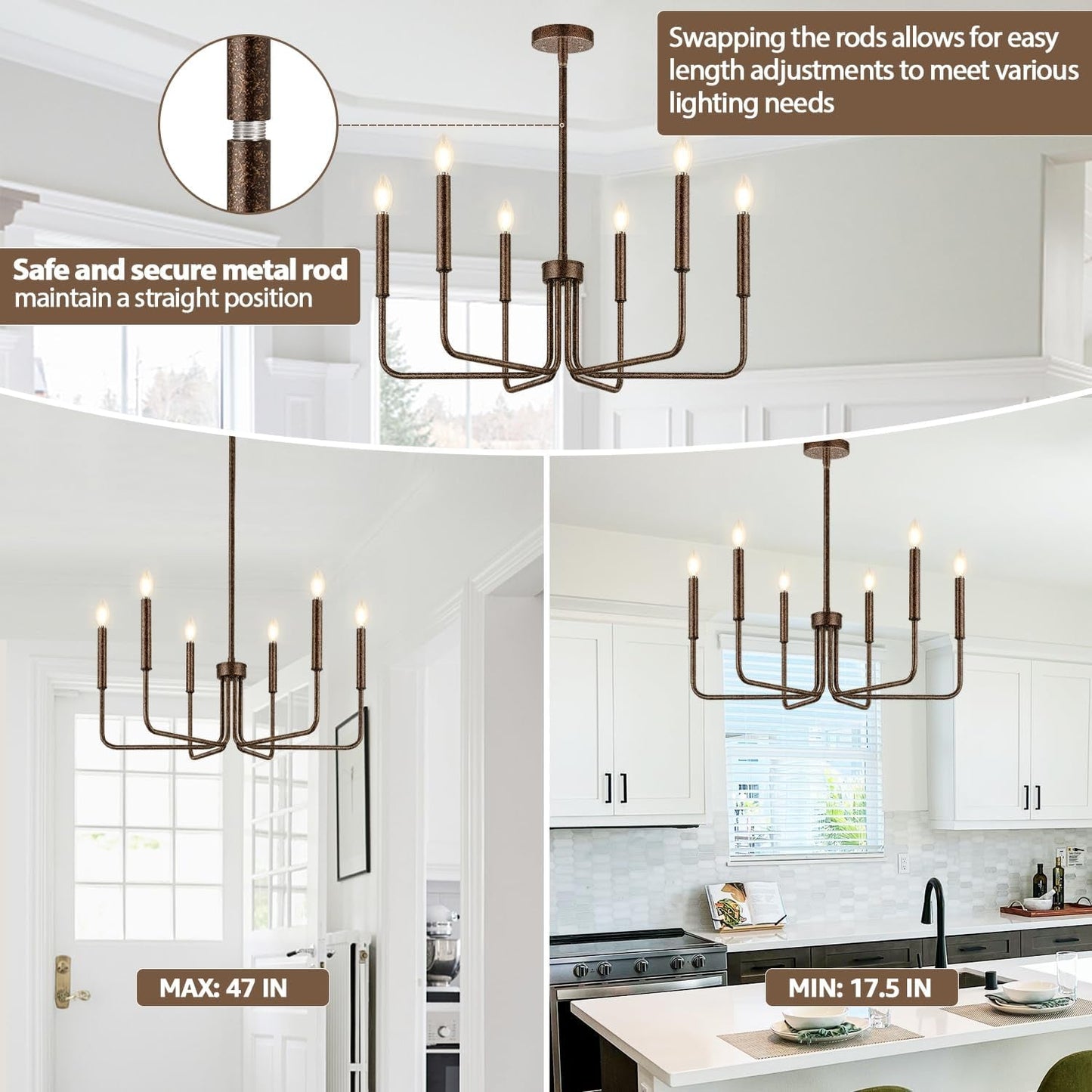 Rustic Black Chandelier, 6-Light Antique Farmhouse Chandelier for