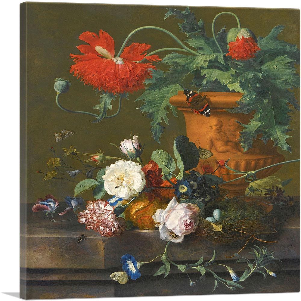 Still Life Poppies Terracotta Vase Roses Carnation Bird's Nest On