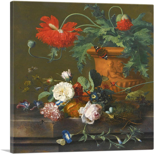 Still Life Poppies Terracotta Vase Roses Carnation Bird's Nest On