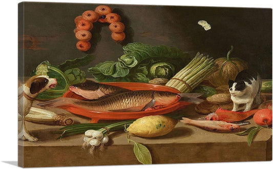 Still Life Carp Terracotta Dish Oysters Asparagus Cabbage Onions Dog